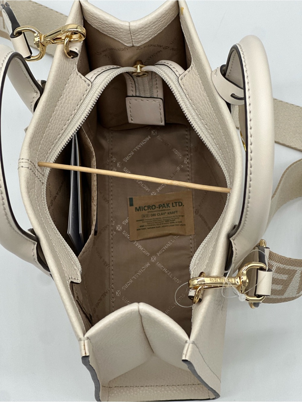 Michael Kors Cream Leather Satchel with Logo Strap and MK Charm - Picture 7 of 10